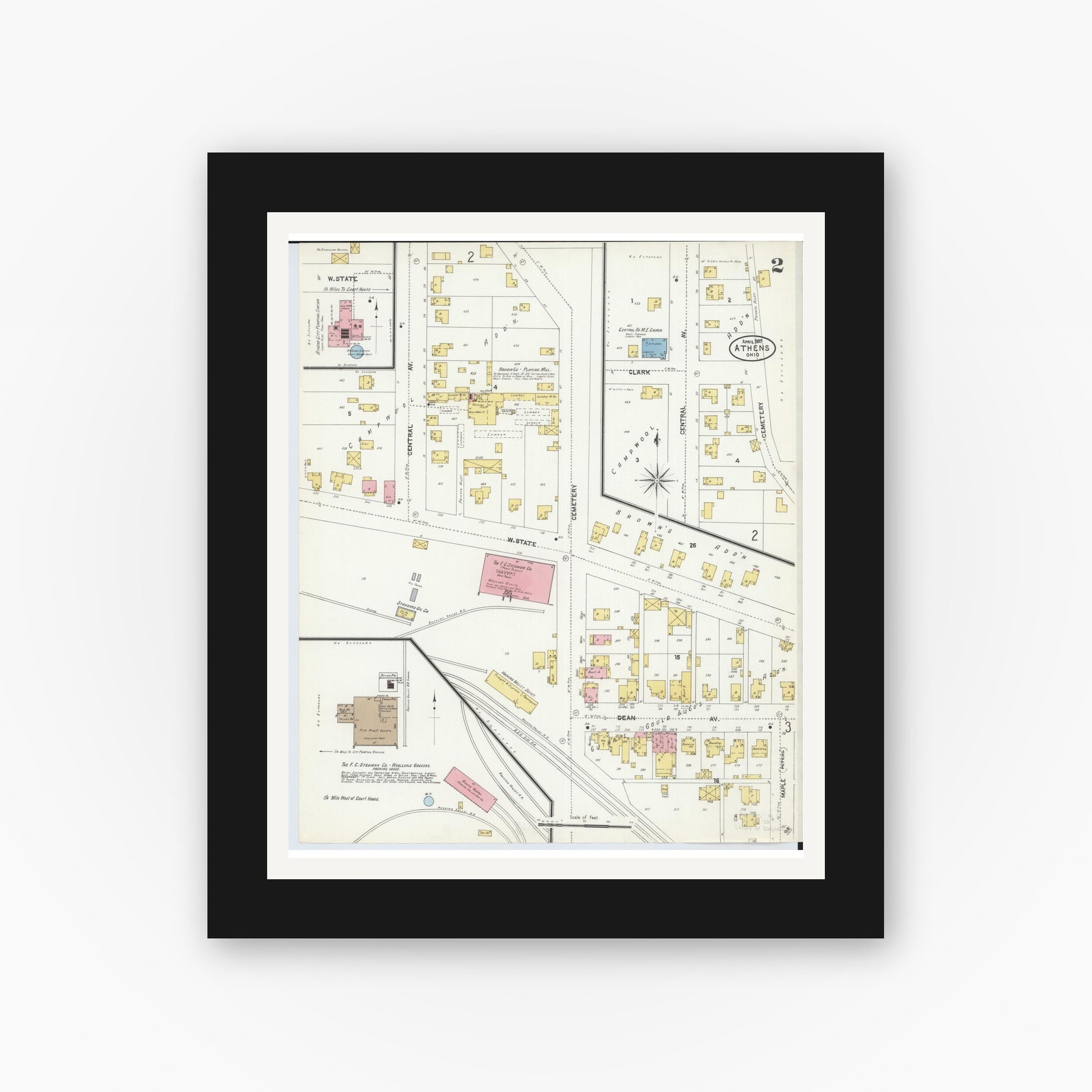 Old map wall art mockup — black gallery frame with white mat — Sanborn Fire Insurance Map from Athens, Athens County, Ohio (1907), Sheet #0002