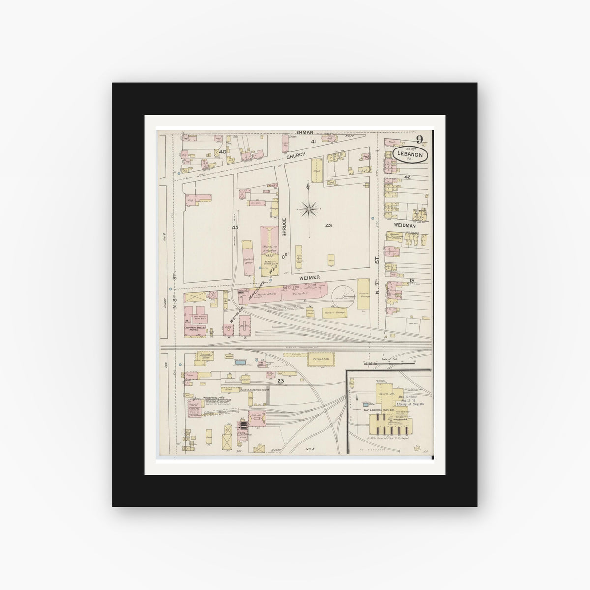 Old map wall art mockup — black gallery frame with white mat — Sanborn Fire Insurance Map from Lebanon, Lebanon County, Pennsylvania (1887), Sheet #0009