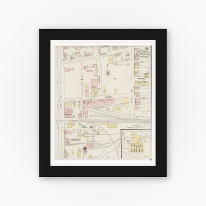 Old map wall art mockup — black gallery frame with white mat — Sanborn Fire Insurance Map from Lebanon, Lebanon County, Pennsylvania (1887), Sheet #0009
