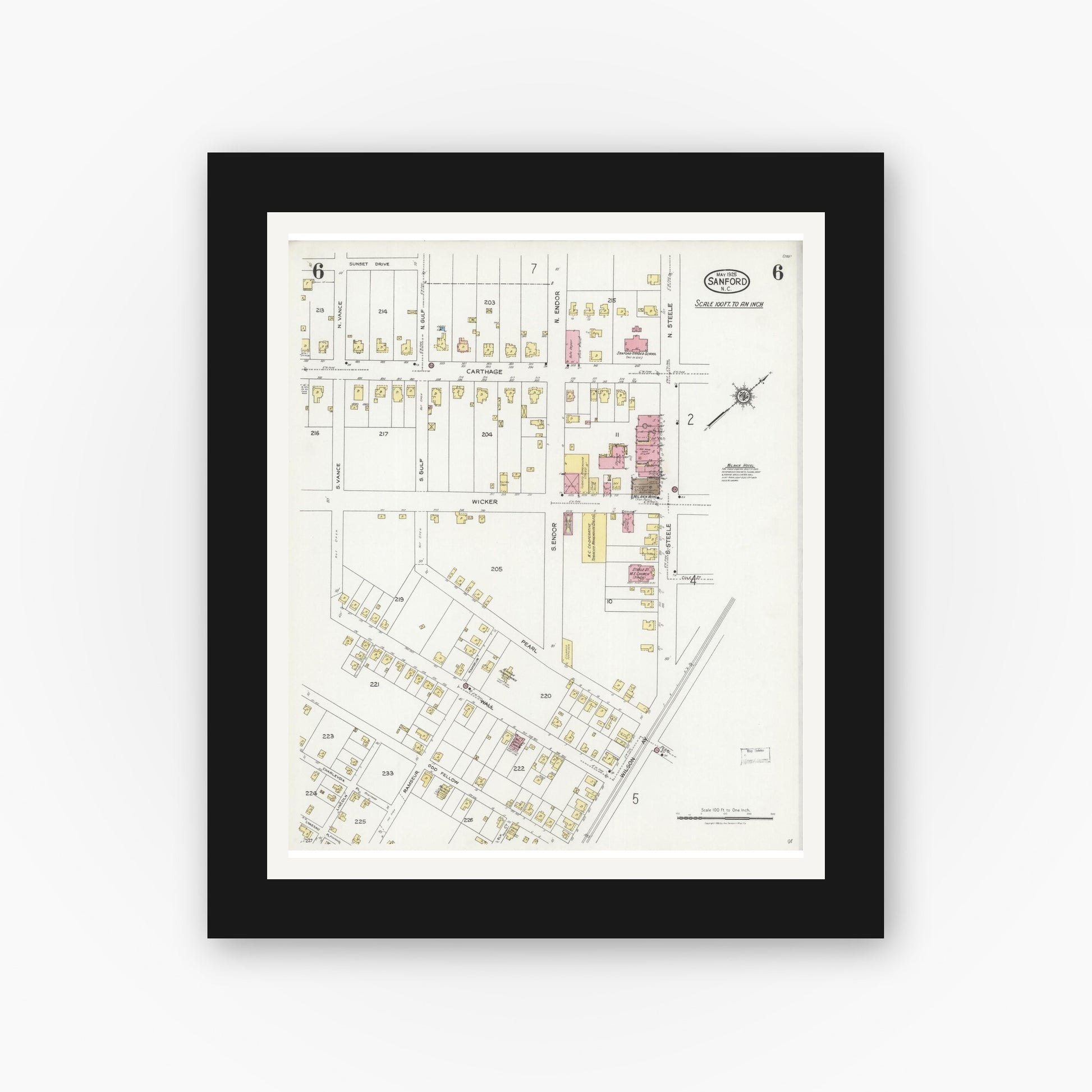 Old map wall art mockup — black gallery frame with white mat — Sanborn Fire Insurance Map from Sanford, Lee County, North Carolina (1925), Sheet #0006