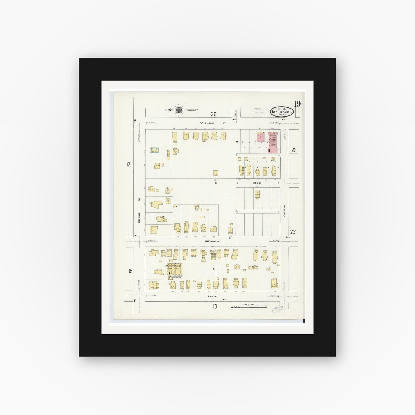 Old map wall art mockup — black gallery frame with white mat — Sanborn Fire Insurance Map from Benton Harbor, Berrien County, Michigan (1911), Sheet #0019