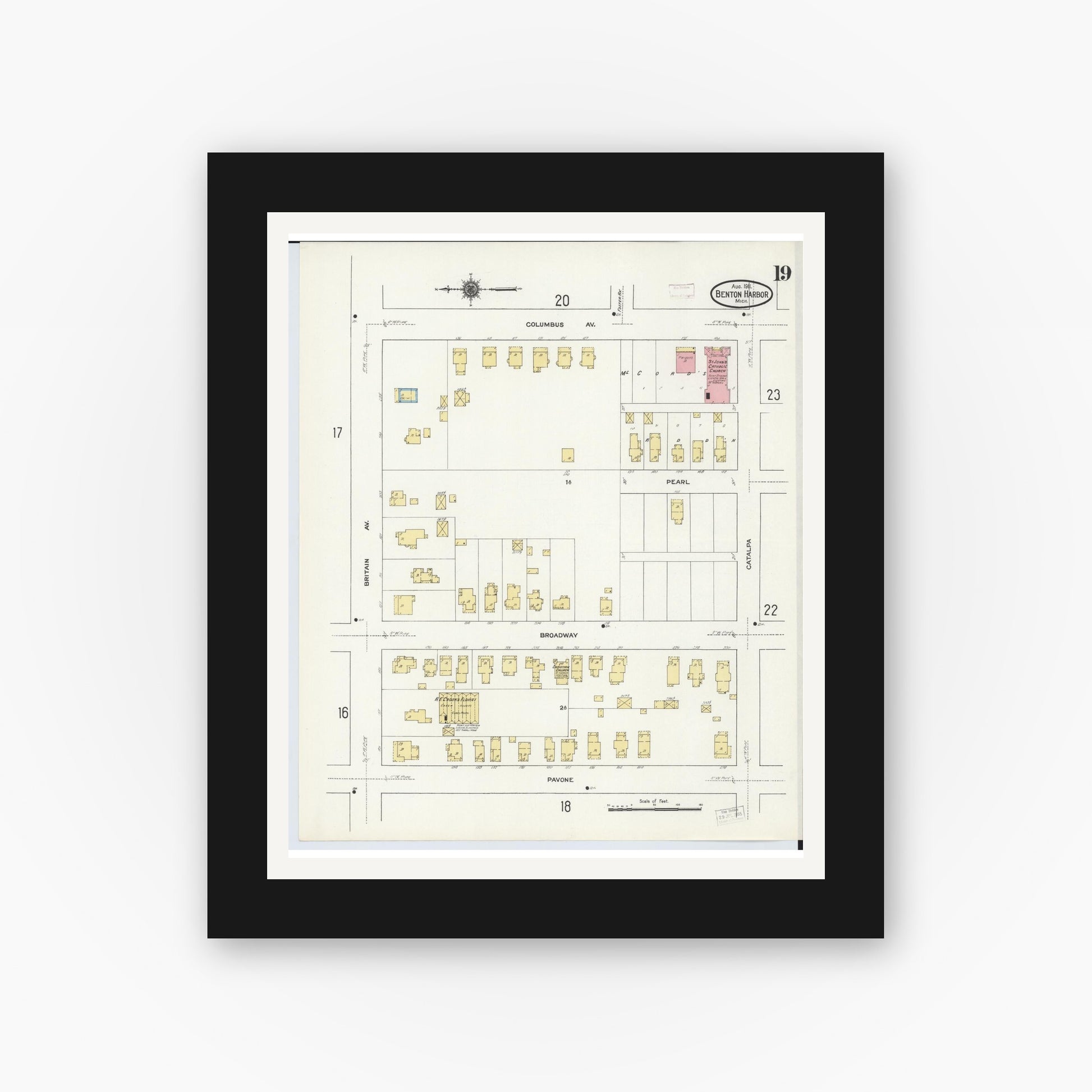 Old map wall art mockup — black gallery frame with white mat — Sanborn Fire Insurance Map from Benton Harbor, Berrien County, Michigan (1911), Sheet #0019