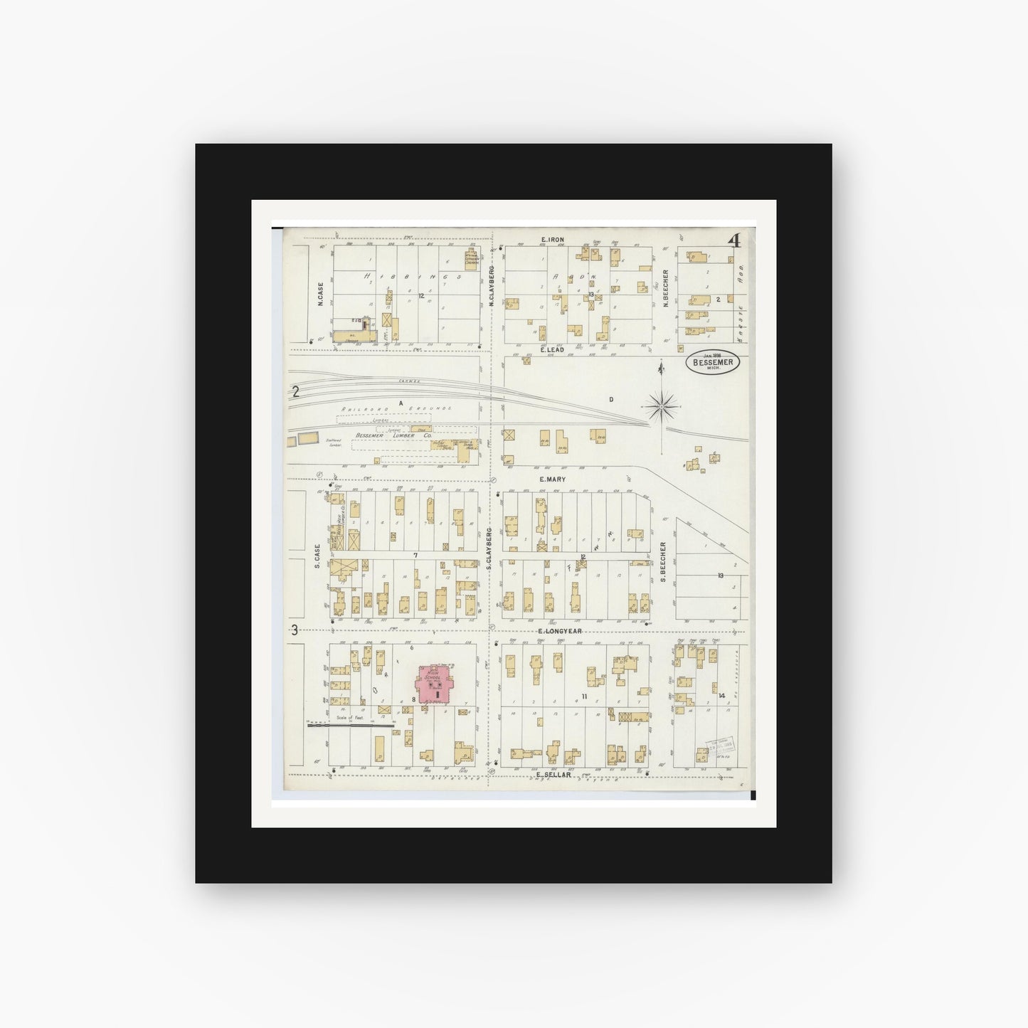 Old map wall art mockup — black gallery frame with white mat — Sanborn Fire Insurance Map from Bessemer, Gogebic County, Michigan (1898), Sheet #0004
