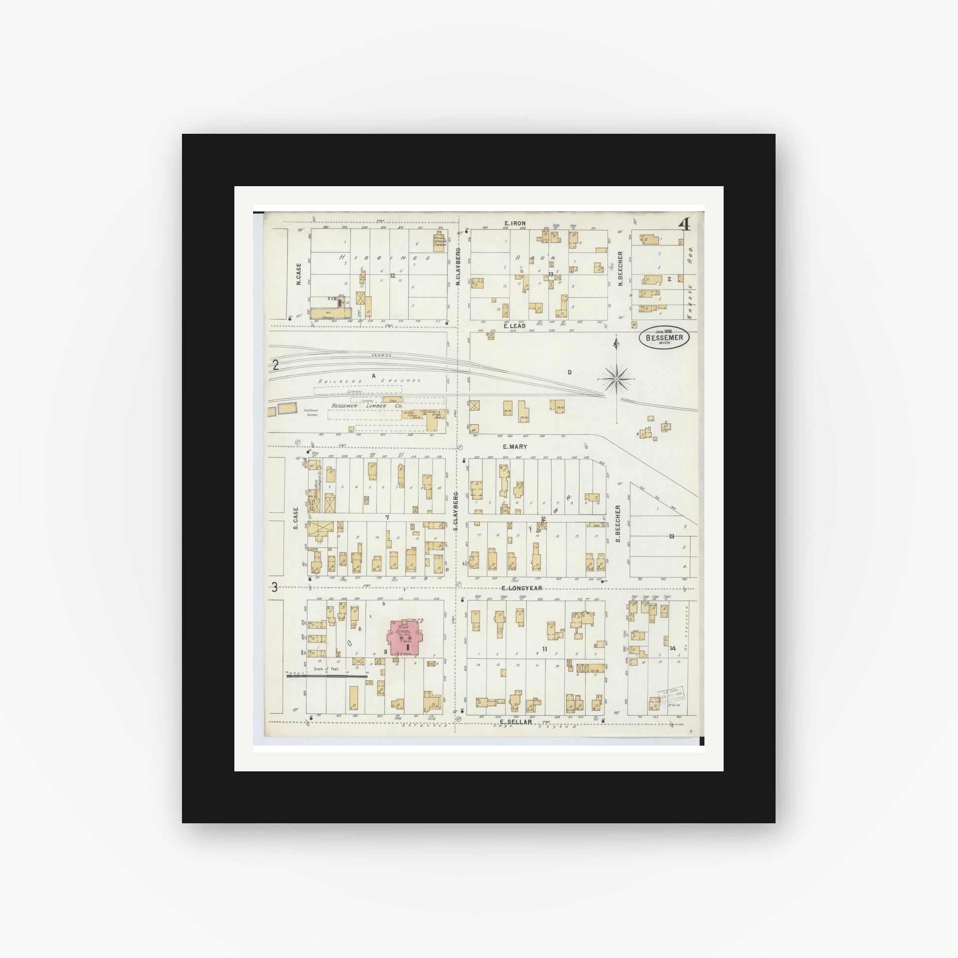 Old map wall art mockup — black gallery frame with white mat — Sanborn Fire Insurance Map from Bessemer, Gogebic County, Michigan (1898), Sheet #0004