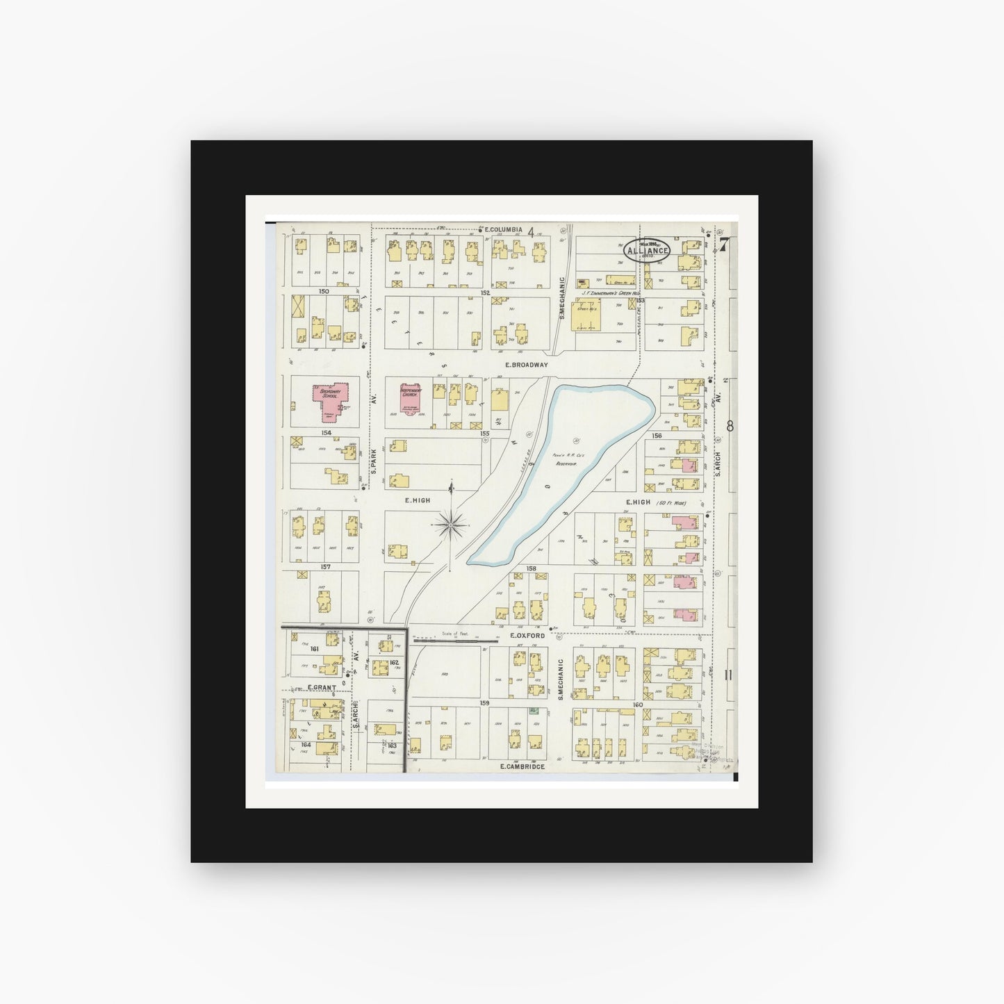 Old map wall art mockup — black gallery frame with white mat — Sanborn Fire Insurance Map from Alliance, Stark County, Ohio (1898), Sheet #0007