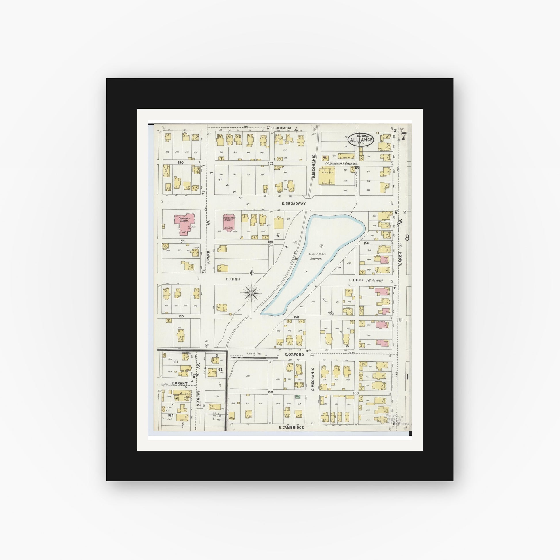 Old map wall art mockup — black gallery frame with white mat — Sanborn Fire Insurance Map from Alliance, Stark County, Ohio (1898), Sheet #0007