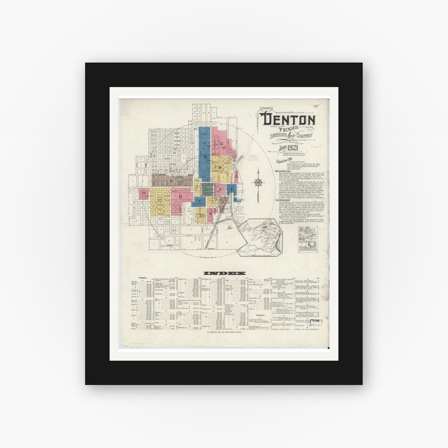 Old map wall art mockup — black gallery frame with white mat — Sanborn Fire Insurance Map from Denton, Denton County, Texas (1921) - Complete Map Set