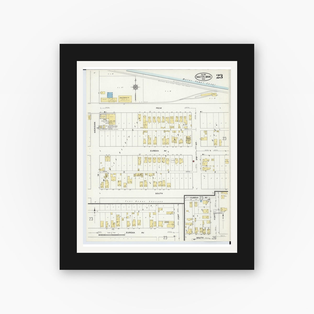 Old map wall art mockup — black gallery frame with white mat — Sanborn Fire Insurance Map from Sault Sainte Marie, Chippewa County, Michigan (1915), Sheet #0023