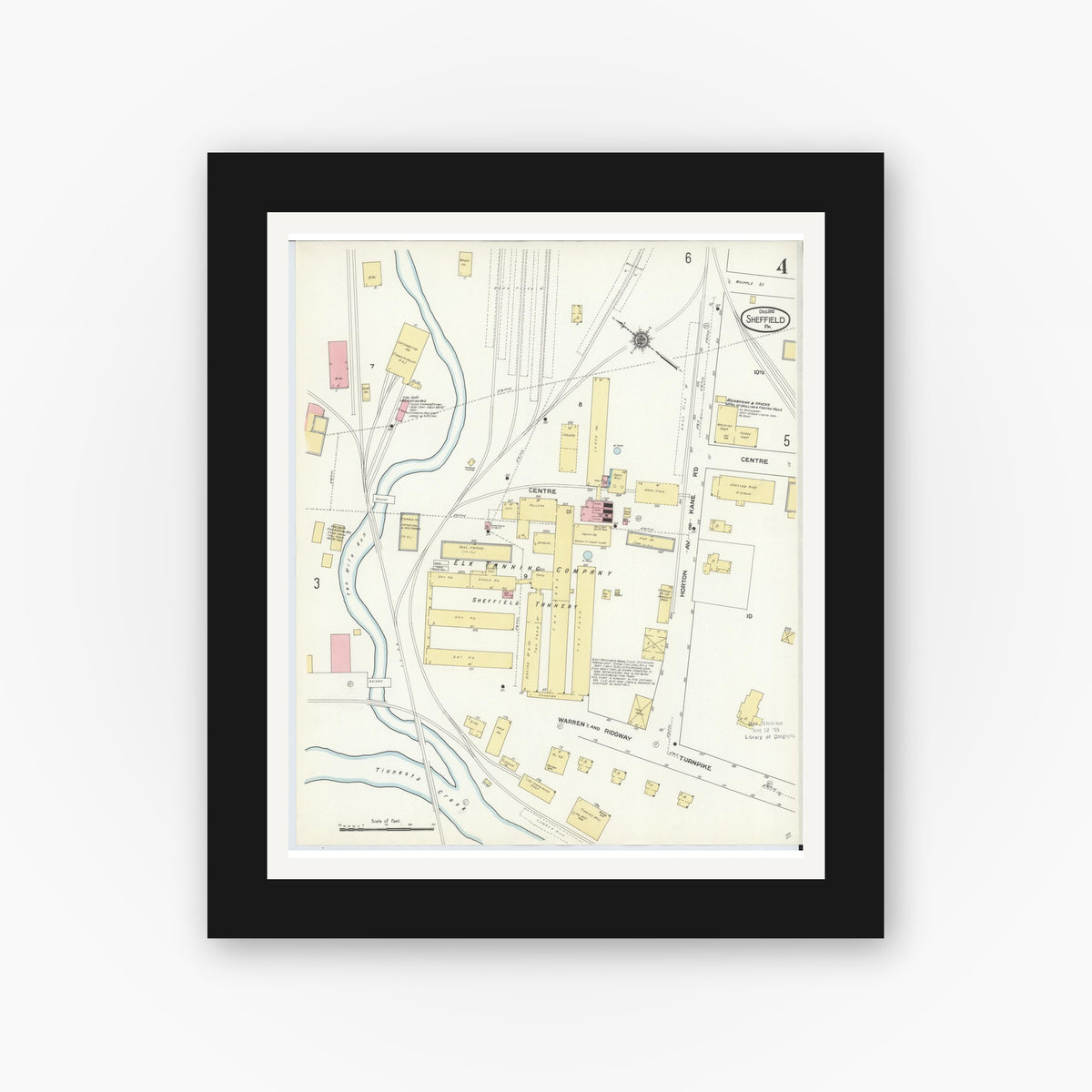 Old map wall art mockup — black gallery frame with white mat — Sanborn Fire Insurance Map from Sheffield, Warren County, Pennsylvania (1910), Sheet #0004