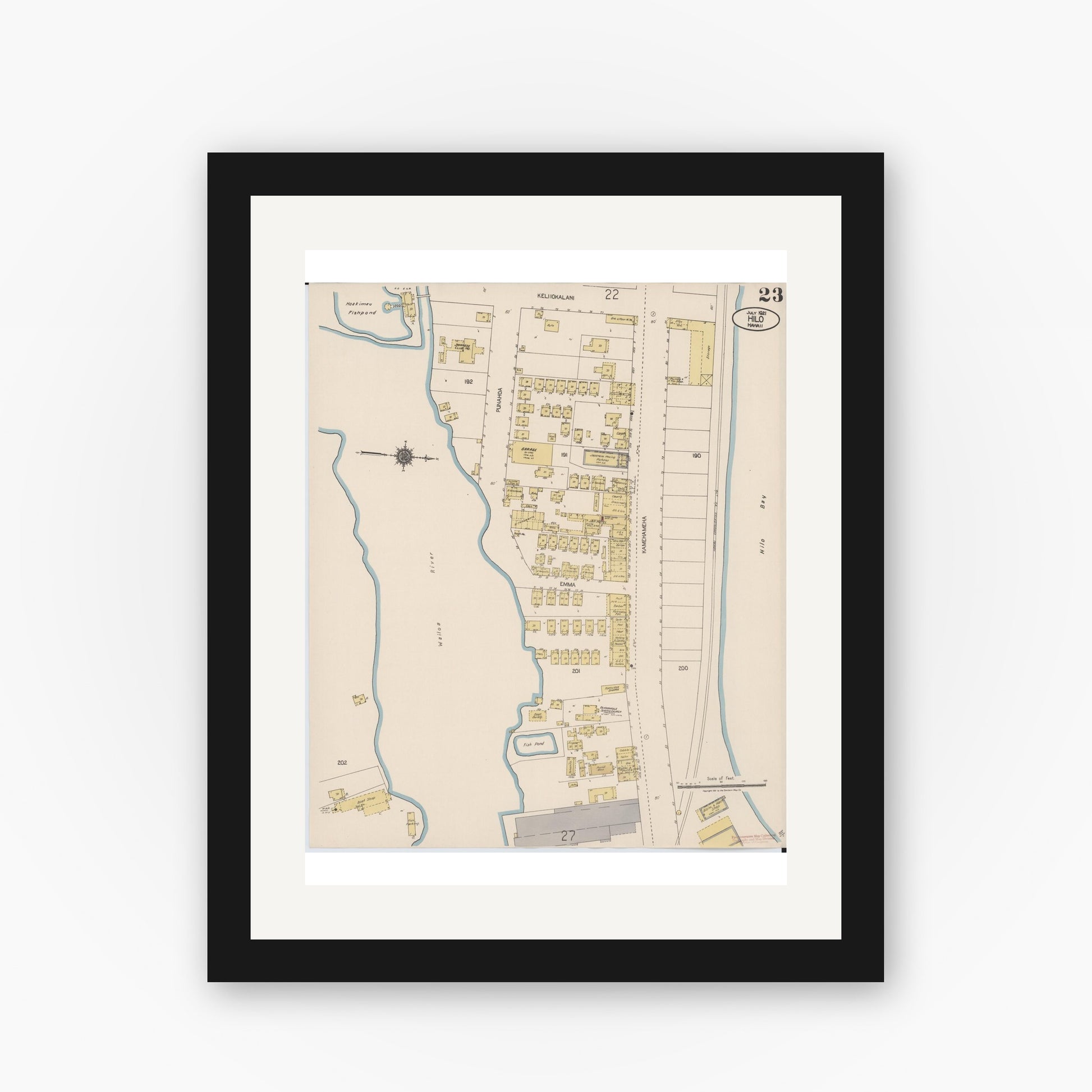 Old map wall art mockup — black gallery frame with white mat — Sanborn Fire Insurance Map from Hilo, Hawaii County, Hawaii (1921), Sheet #0023