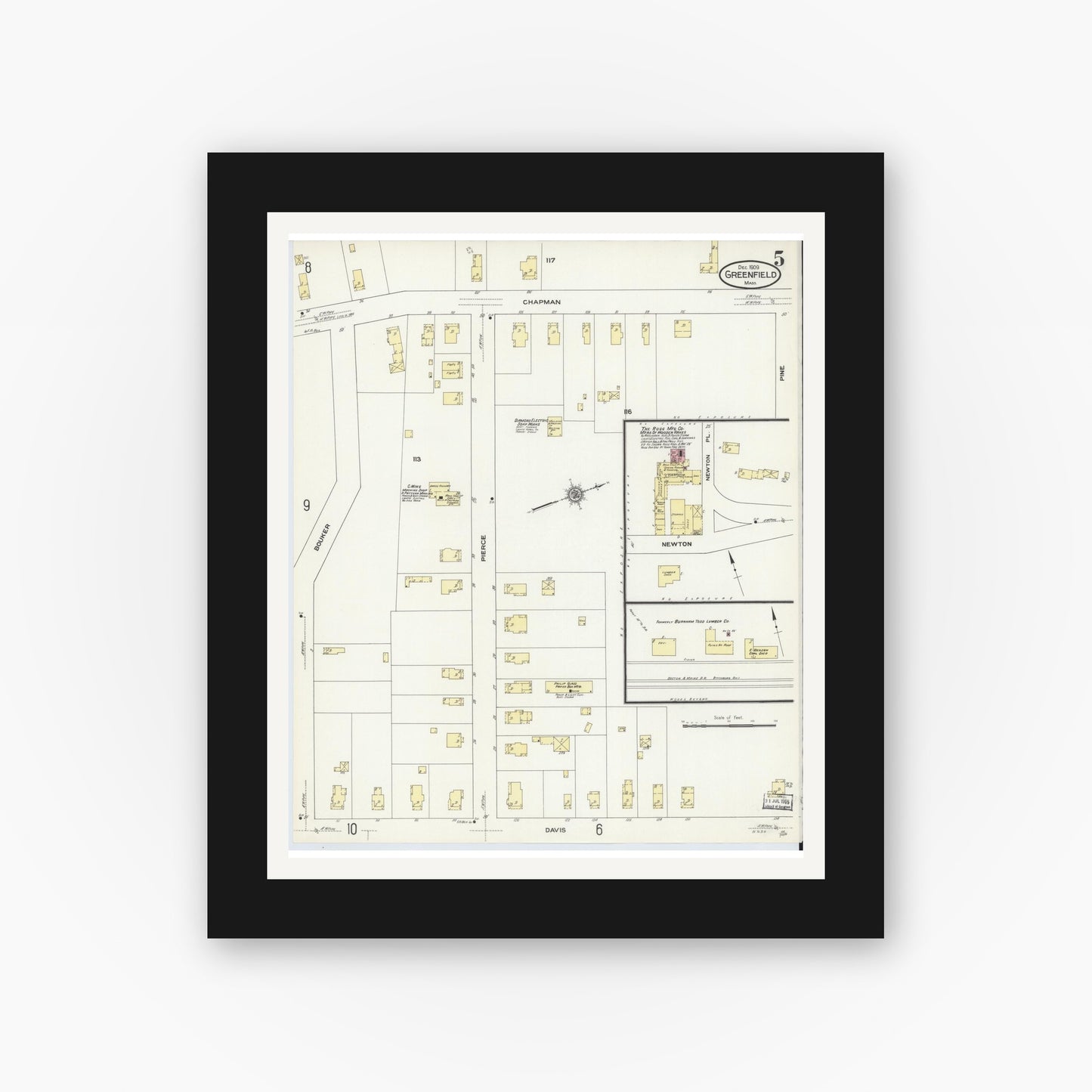 Old map wall art mockup — black gallery frame with white mat — Sanborn Fire Insurance Map from Greenfield, Franklin County, Massachusetts (1909), Sheet #0005