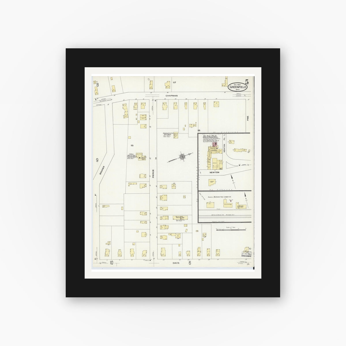 Old map wall art mockup — black gallery frame with white mat — Sanborn Fire Insurance Map from Greenfield, Franklin County, Massachusetts (1909), Sheet #0005