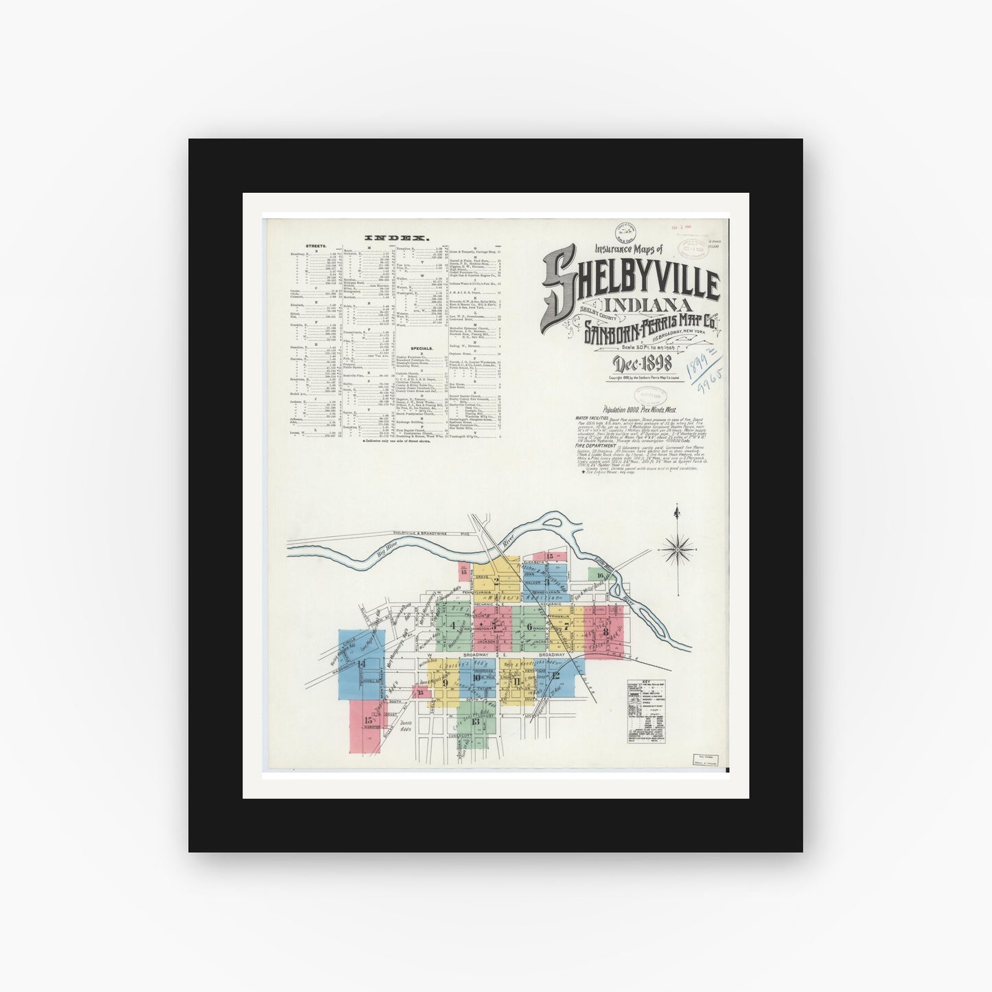Old map wall art mockup — black gallery frame with white mat — Sanborn Fire Insurance Map from Shelbyville, Shelby County, Indiana (1898) - Complete Map Set