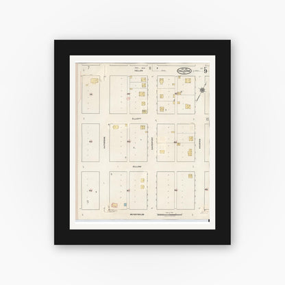 Old map wall art mockup — black gallery frame with white mat — Sanborn Fire Insurance Map from Chillicothe, Hardeman County, Texas (1941), Sheet #0009