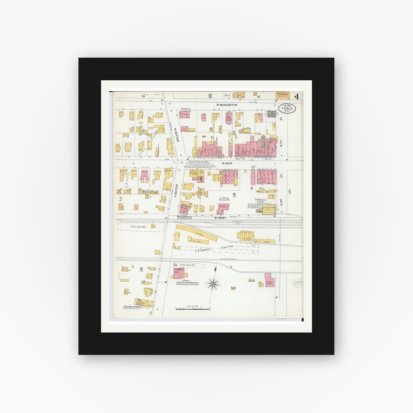 Old map wall art mockup — black gallery frame with white mat — Sanborn Fire Insurance Map from Ionia, Ionia County, Michigan (1900), Sheet #0004