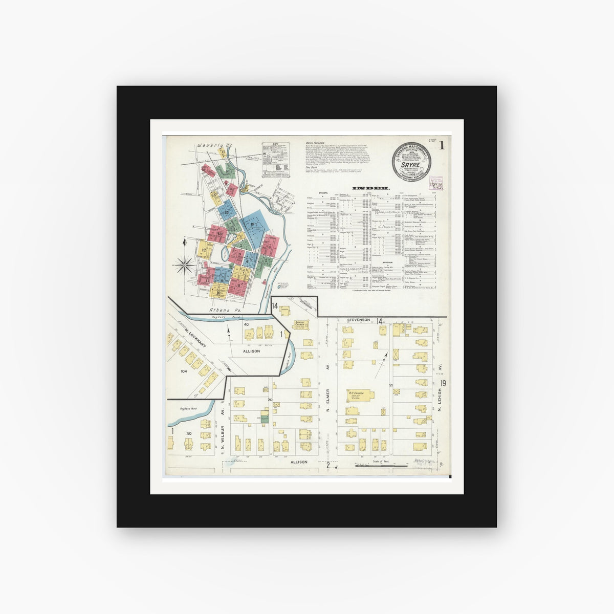Old map wall art mockup — black gallery frame with white mat — Sanborn Fire Insurance Map from Sayre, Bradford County, Pennsylvania (1909) - Complete Map Set