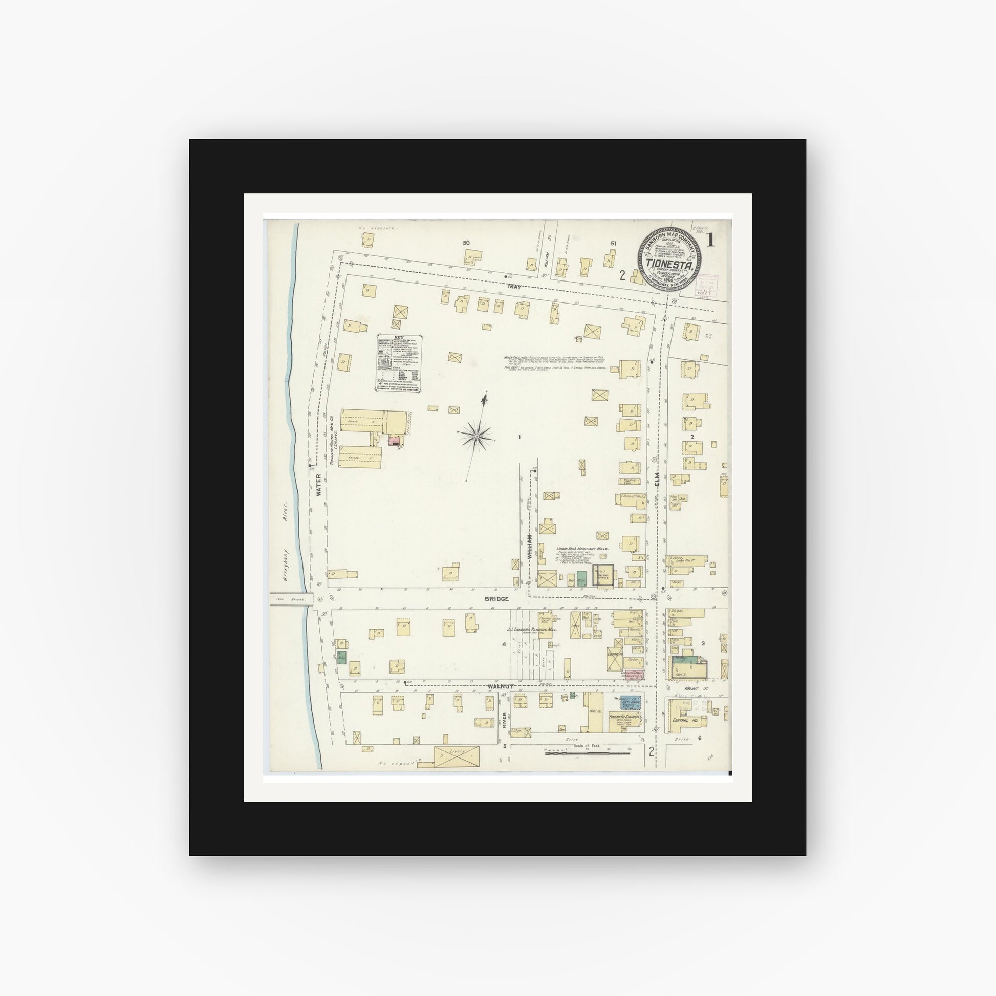 Old map wall art mockup — black gallery frame with white mat — Sanborn Fire Insurance Map from Tionesta, Forest County, Pennsylvania (1906) - Complete Map Set
