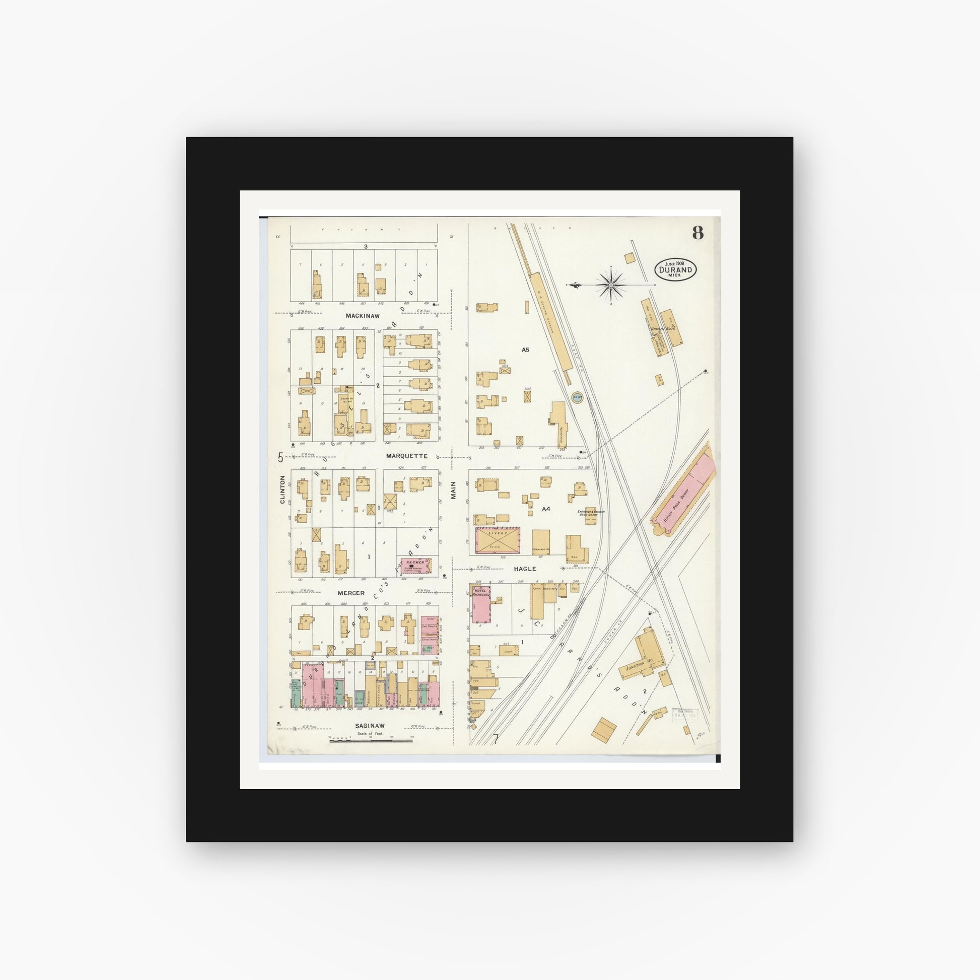 Old map wall art mockup — black gallery frame with white mat — Sanborn Fire Insurance Map from Durand, Shiawassee County, Michigan (1908), Sheet #0008