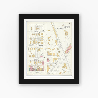 Old map wall art mockup — black gallery frame with white mat — Sanborn Fire Insurance Map from Durand, Shiawassee County, Michigan (1908), Sheet #0008