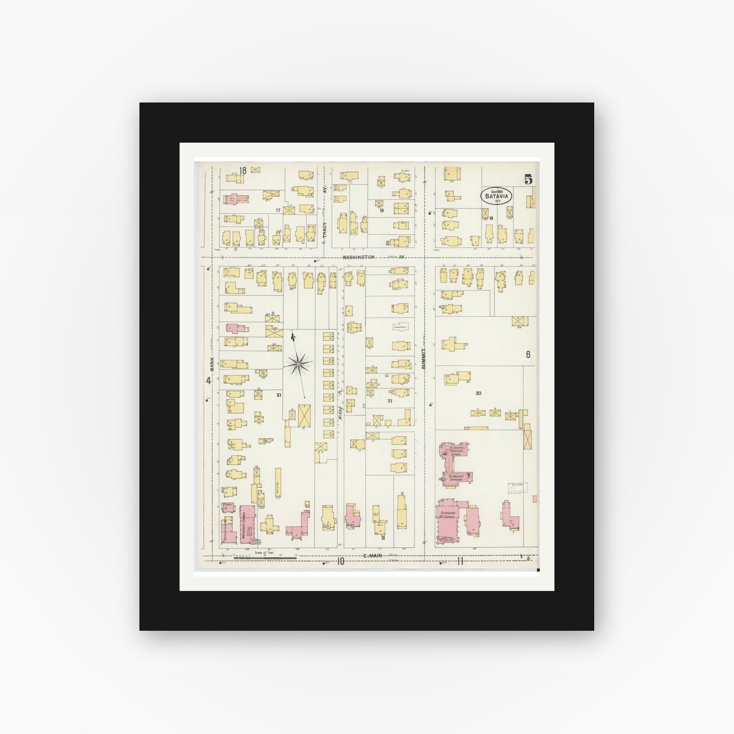 Old map wall art mockup — black gallery frame with white mat — Sanborn Fire Insurance Map from Batavia, Genesee County, New York (1901), Sheet #0005