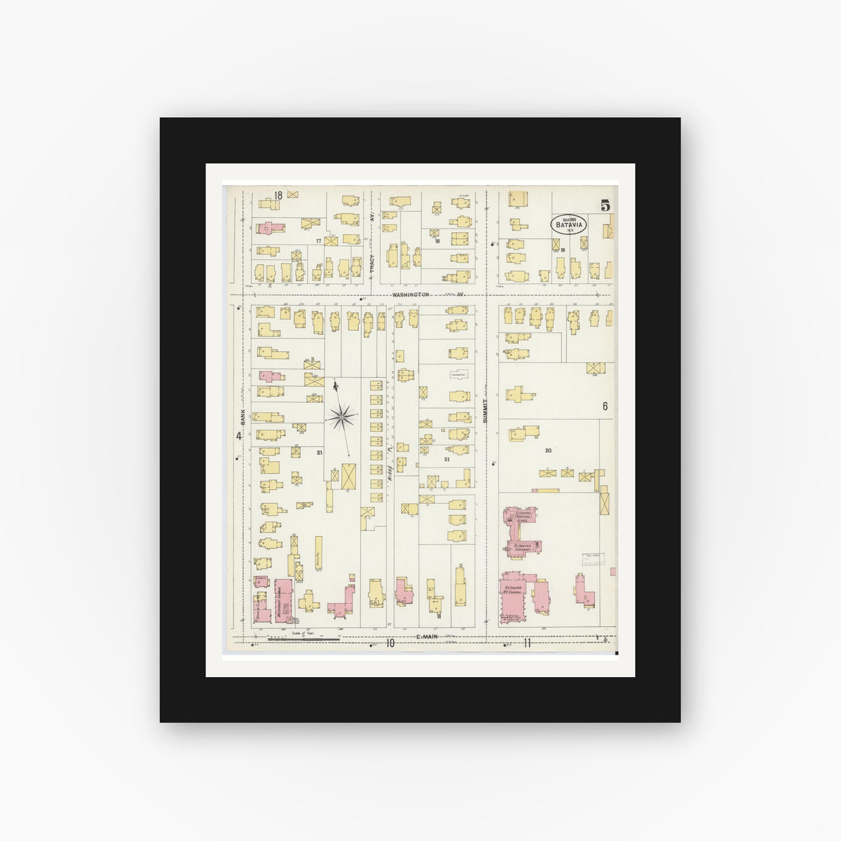 Old map wall art mockup — black gallery frame with white mat — Sanborn Fire Insurance Map from Batavia, Genesee County, New York (1901), Sheet #0005