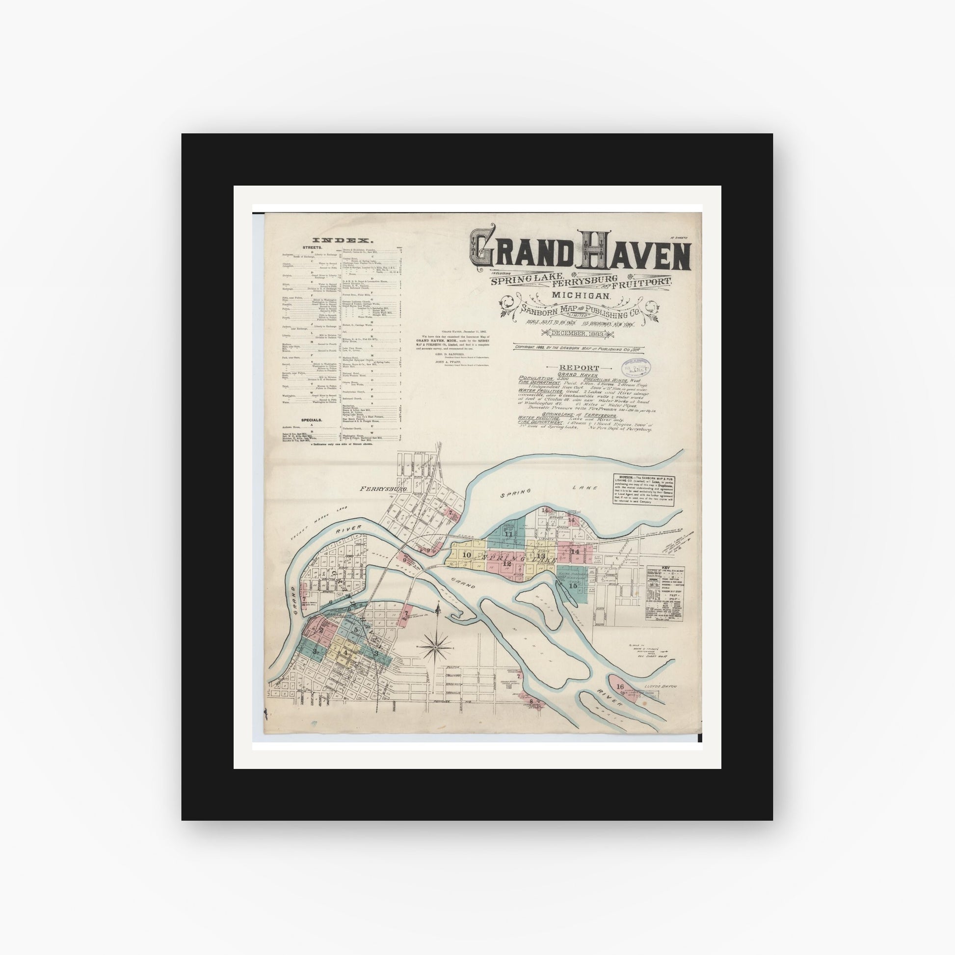 Old map wall art mockup — black gallery frame with white mat — Sanborn Fire Insurance Map from Grand Haven, Ottawa County, Michigan (1883) - Complete Map Set