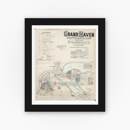 Old map wall art mockup — black gallery frame with white mat — Sanborn Fire Insurance Map from Grand Haven, Ottawa County, Michigan (1883) - Complete Map Set