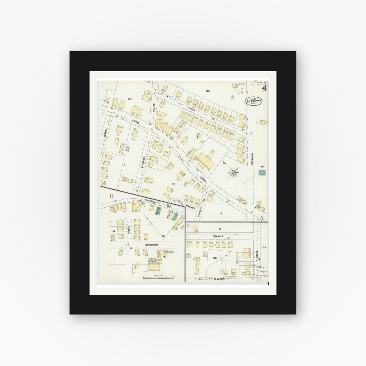 Old map wall art mockup — black gallery frame with white mat — Sanborn Fire Insurance Map from Everett, Middlesex County, Massachusetts (1897), Sheet #0004