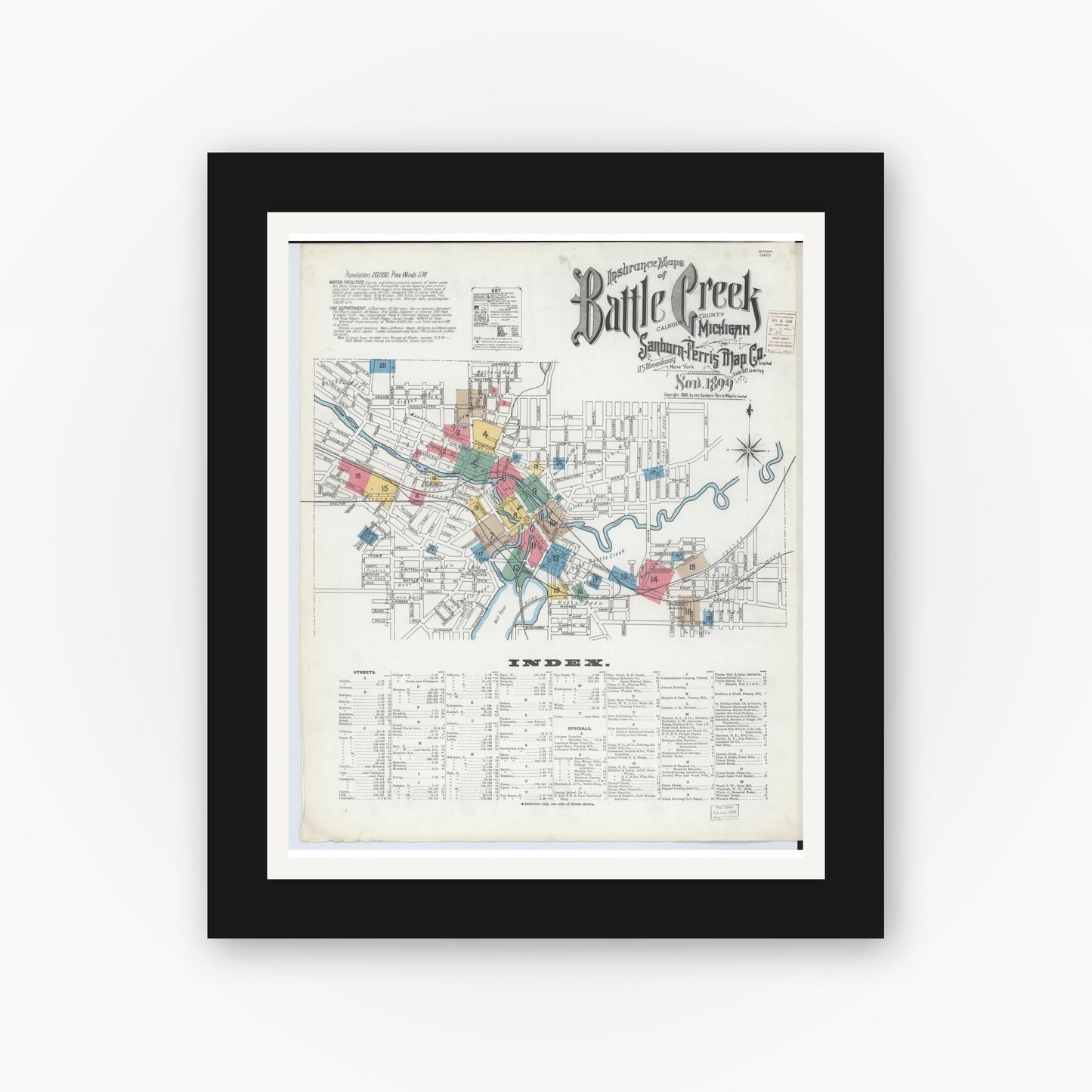 Old map wall art mockup — black gallery frame with white mat — Sanborn Fire Insurance Map from Battle Creek, Calhoun County, Michigan (1899) - Complete Map Set