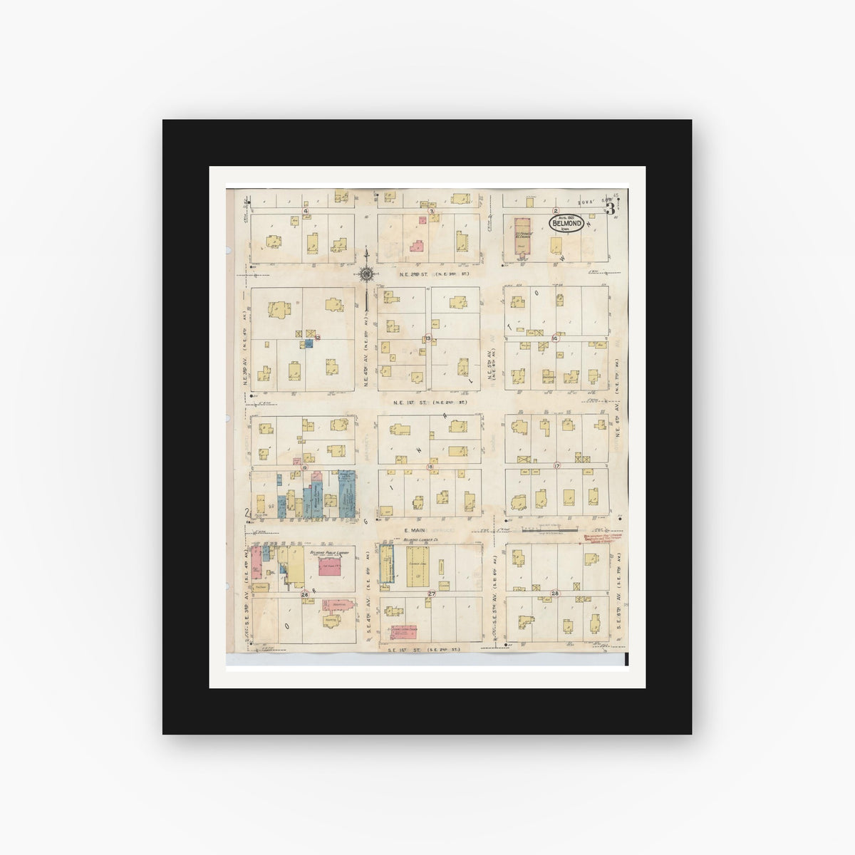 Old map wall art mockup — black gallery frame with white mat — Sanborn Fire Insurance Map from Belmond, Wright County, Iowa (1939), Sheet #0003