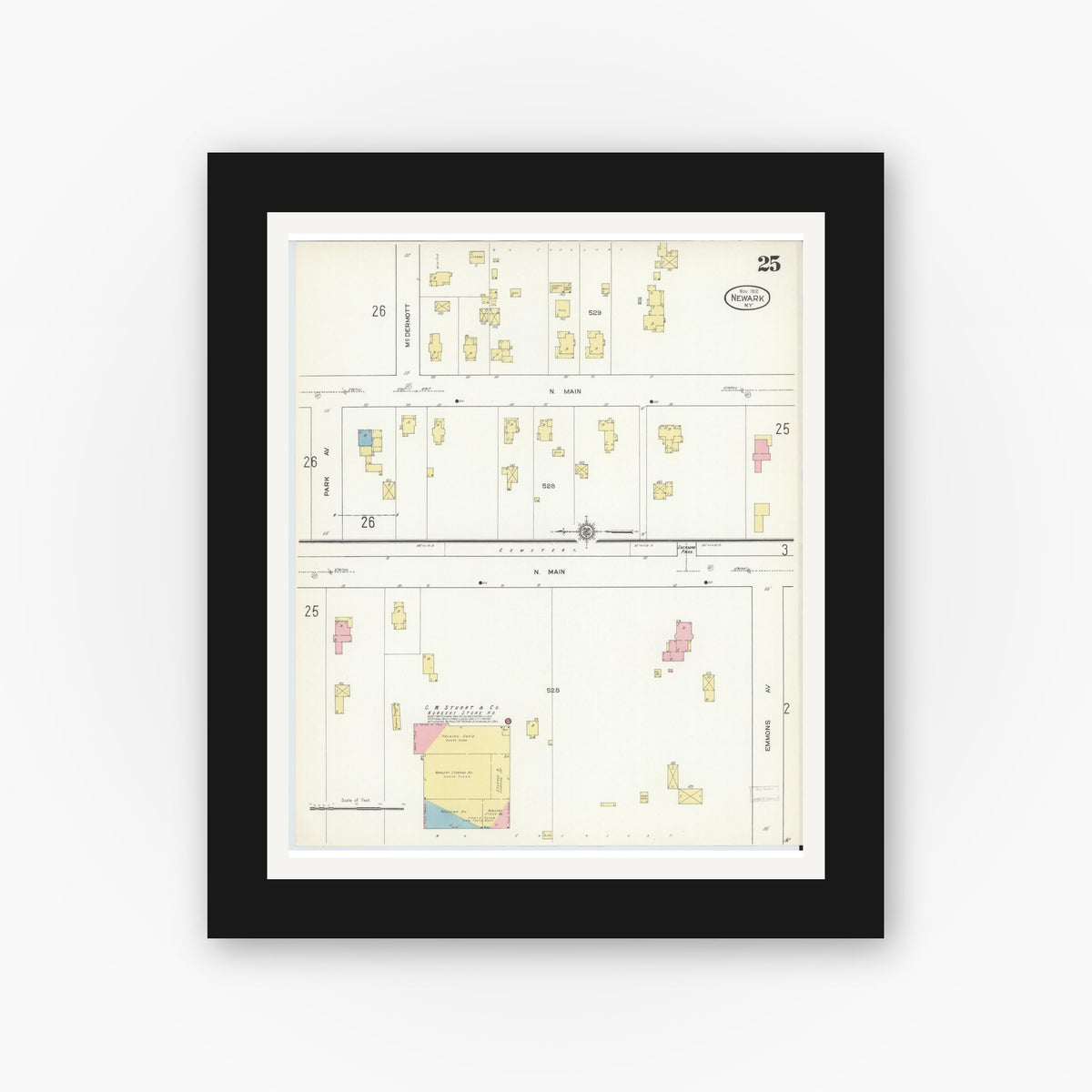 Old map wall art mockup — black gallery frame with white mat — Sanborn Fire Insurance Map from Newark, Wayne County, New York (1912), Sheet #0025
