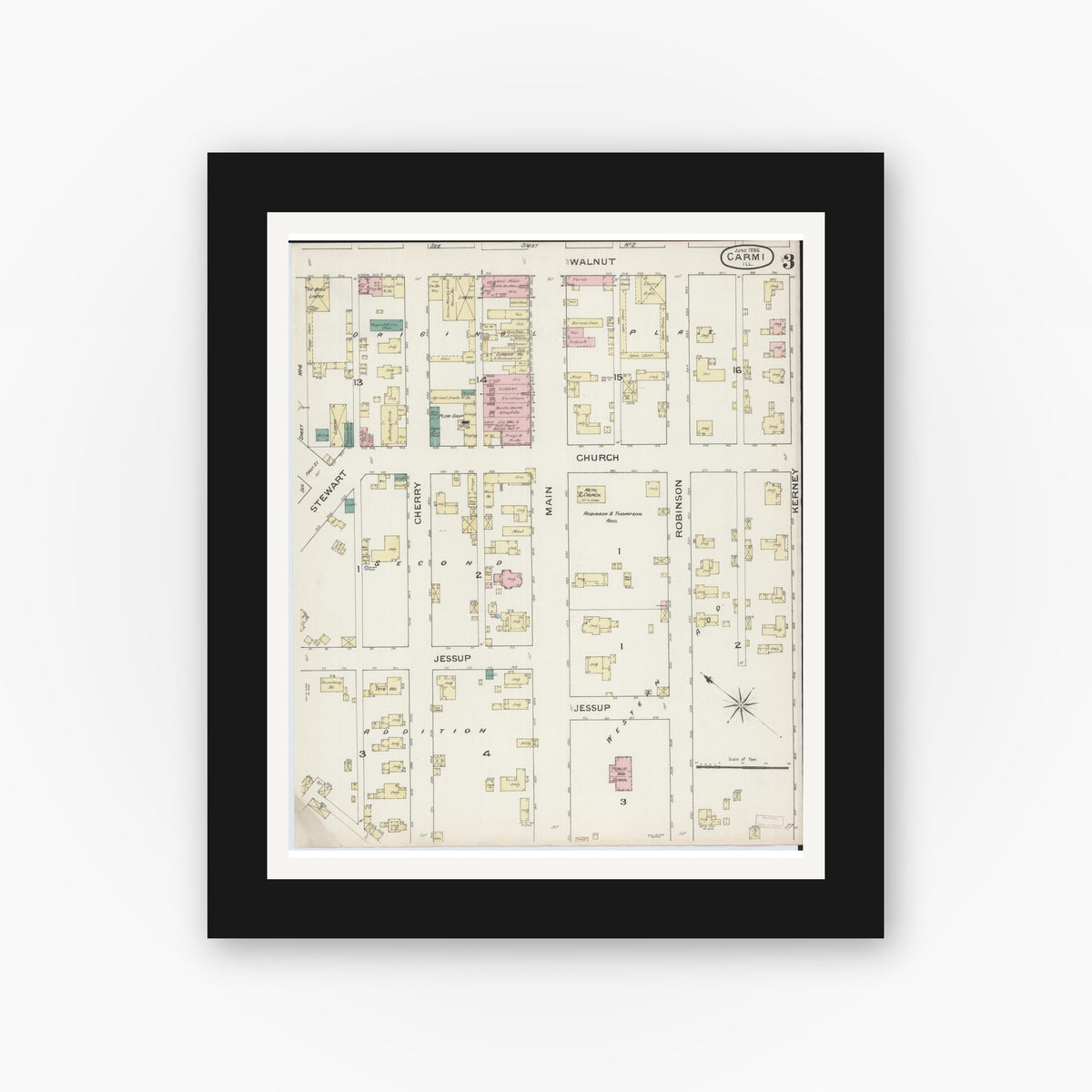 Old map wall art mockup — black gallery frame with white mat — Sanborn Fire Insurance Map from Carmi, White County, Illinois (1886), Sheet #0003