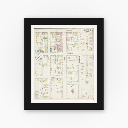 Old map wall art mockup — black gallery frame with white mat — Sanborn Fire Insurance Map from Carmi, White County, Illinois (1886), Sheet #0003