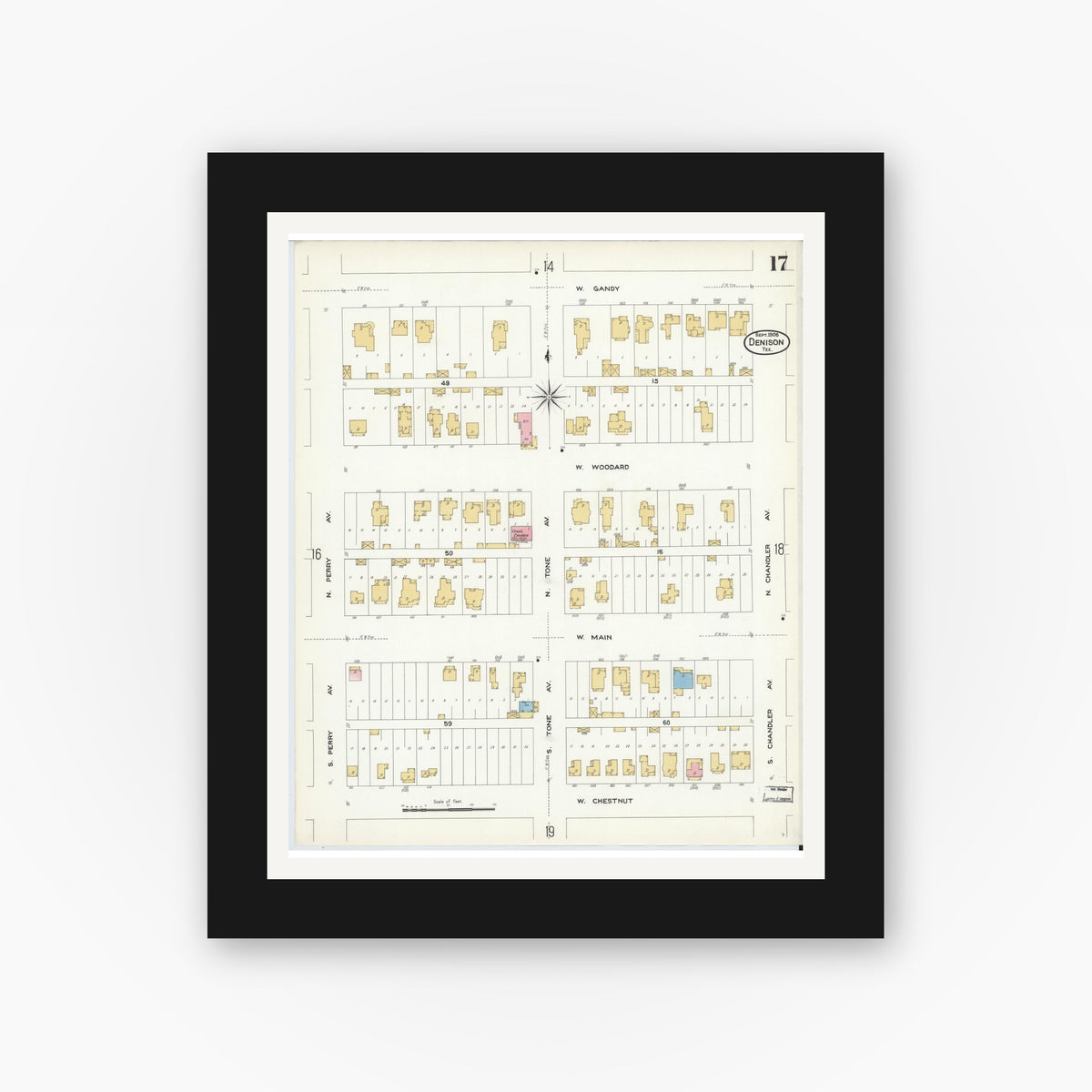 Old map wall art mockup — black gallery frame with white mat — Sanborn Fire Insurance Map from Denison, Grayson County, Texas (1908), Sheet #0017