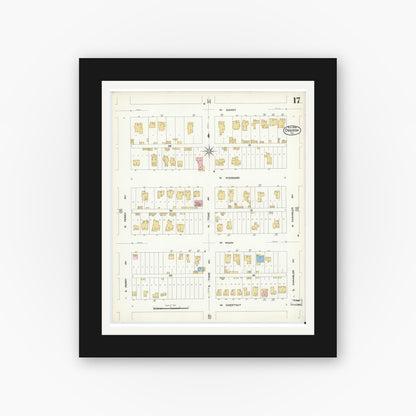 Old map wall art mockup — black gallery frame with white mat — Sanborn Fire Insurance Map from Denison, Grayson County, Texas (1908), Sheet #0017