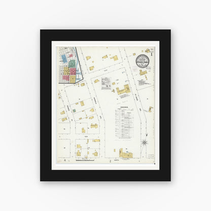 Old map wall art mockup — black gallery frame with white mat — Sanborn Fire Insurance Map from Green Cove Springs, Clay County, Florida (1903), Sheet #0001