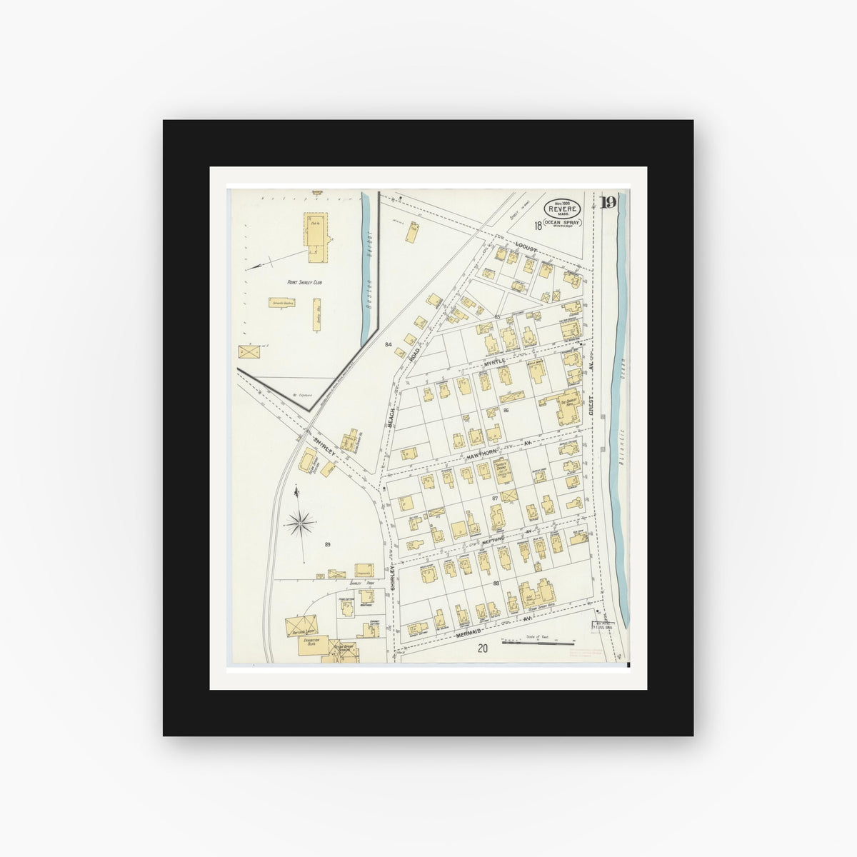 Old map wall art mockup — black gallery frame with white mat — Sanborn Fire Insurance Map from Revere, Suffolk County, Massachusetts (1900), Sheet #0019