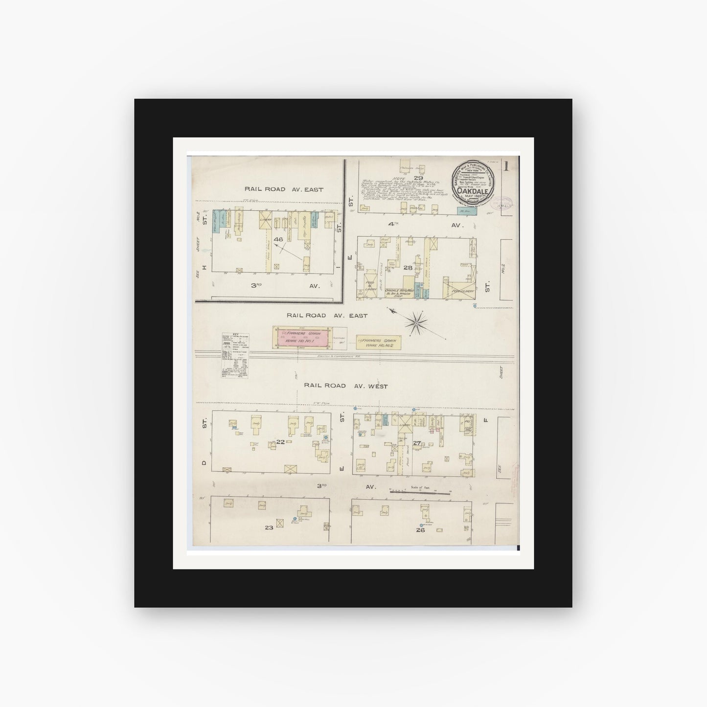 Old map wall art mockup — black gallery frame with white mat — Sanborn Fire Insurance Map from Oakdale, Stanislaus County, California (1885) - Complete Map Set