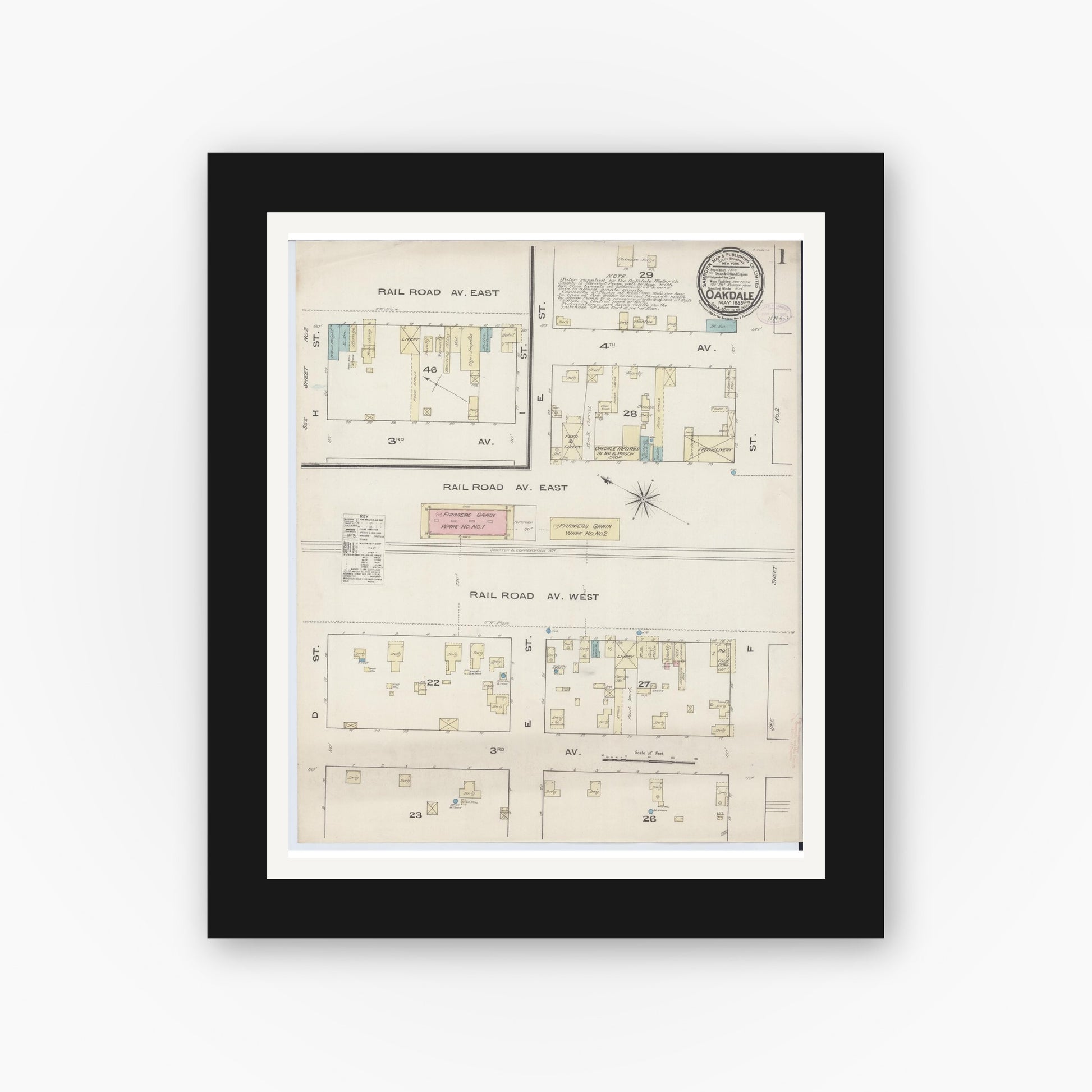 Old map wall art mockup — black gallery frame with white mat — Sanborn Fire Insurance Map from Oakdale, Stanislaus County, California (1885) - Complete Map Set