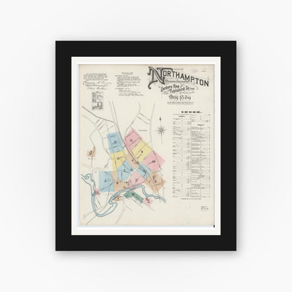 Old map wall art mockup — black gallery frame with white mat — Sanborn Fire Insurance Map from Northampton, Hampshire County, Massachusetts (1889) - Complete Map Set