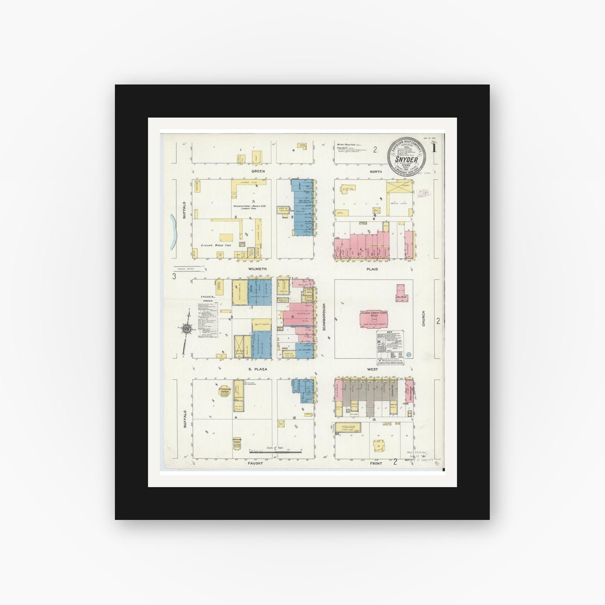 Old map wall art mockup — black gallery frame with white mat — Sanborn Fire Insurance Map from Snyder, Scurry County, Texas (1911) - Complete Map Set