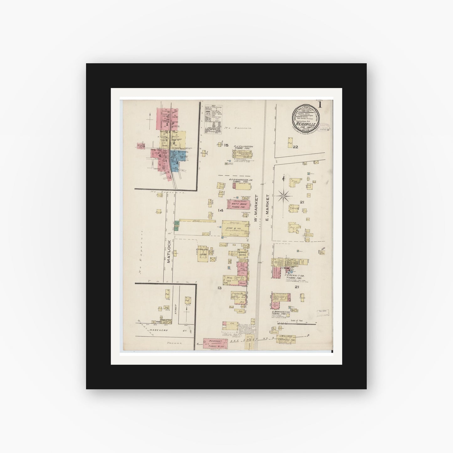 Old map wall art mockup — black gallery frame with white mat — Sanborn Fire Insurance Map from Reidsville, Rockingham County, North Carolina (1885) - Complete Map Set