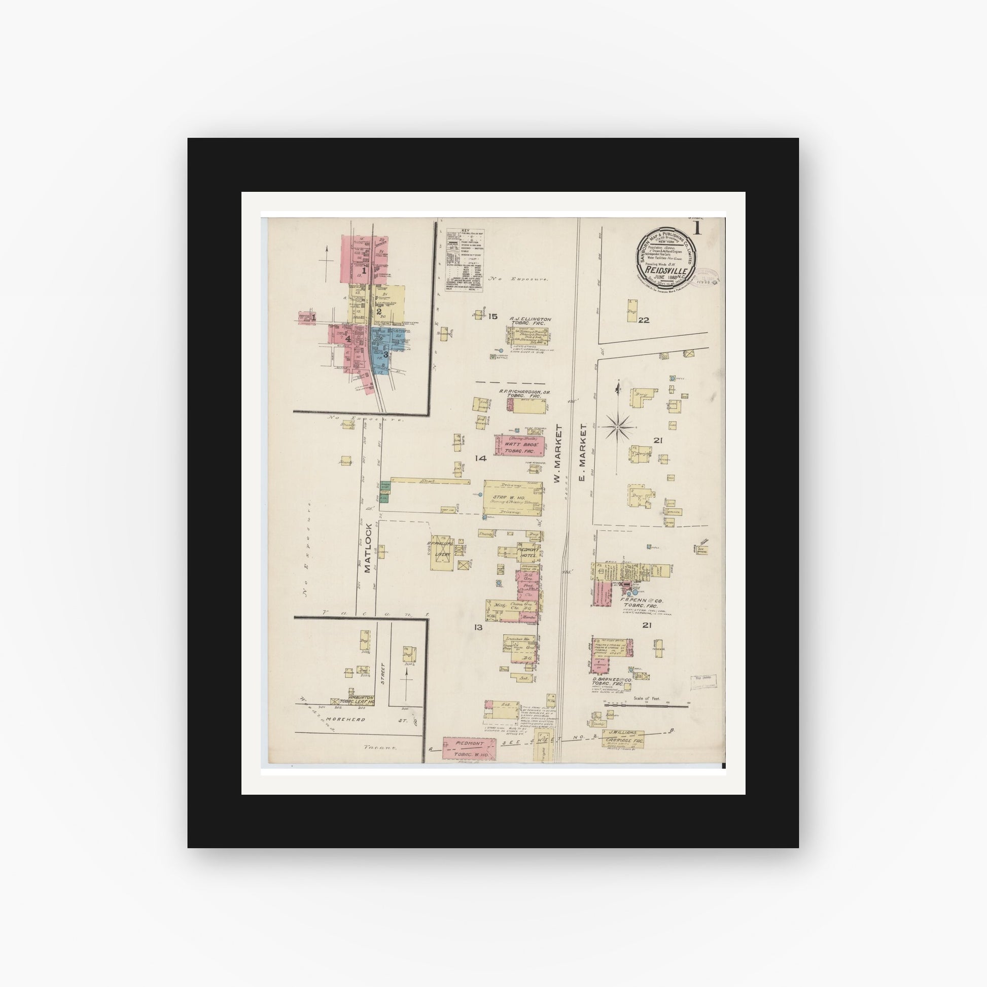 Old map wall art mockup — black gallery frame with white mat — Sanborn Fire Insurance Map from Reidsville, Rockingham County, North Carolina (1885) - Complete Map Set