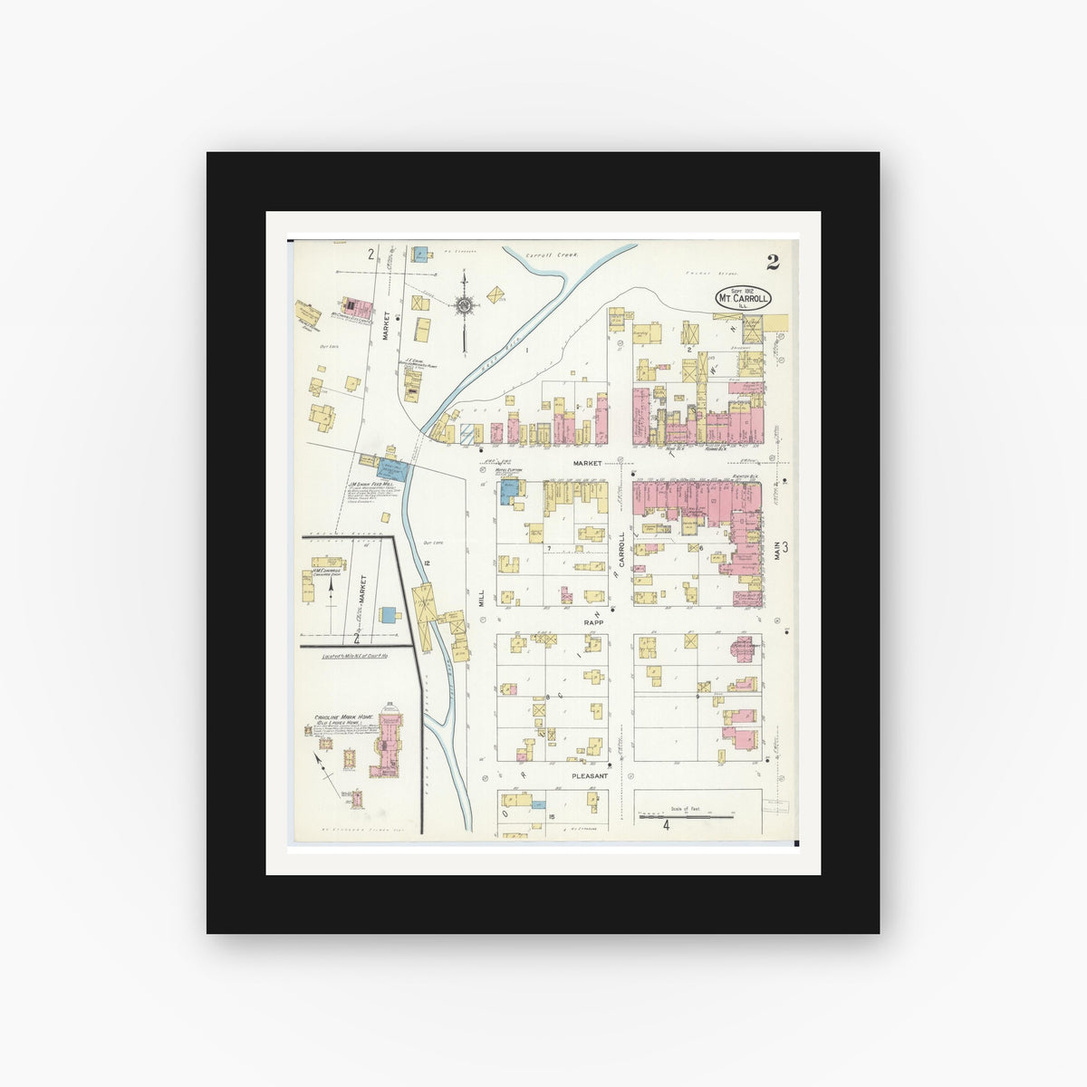 Old map wall art mockup — black gallery frame with white mat — Sanborn Fire Insurance Map from Mount Carroll, Carroll County, Illinois (1912), Sheet #0002