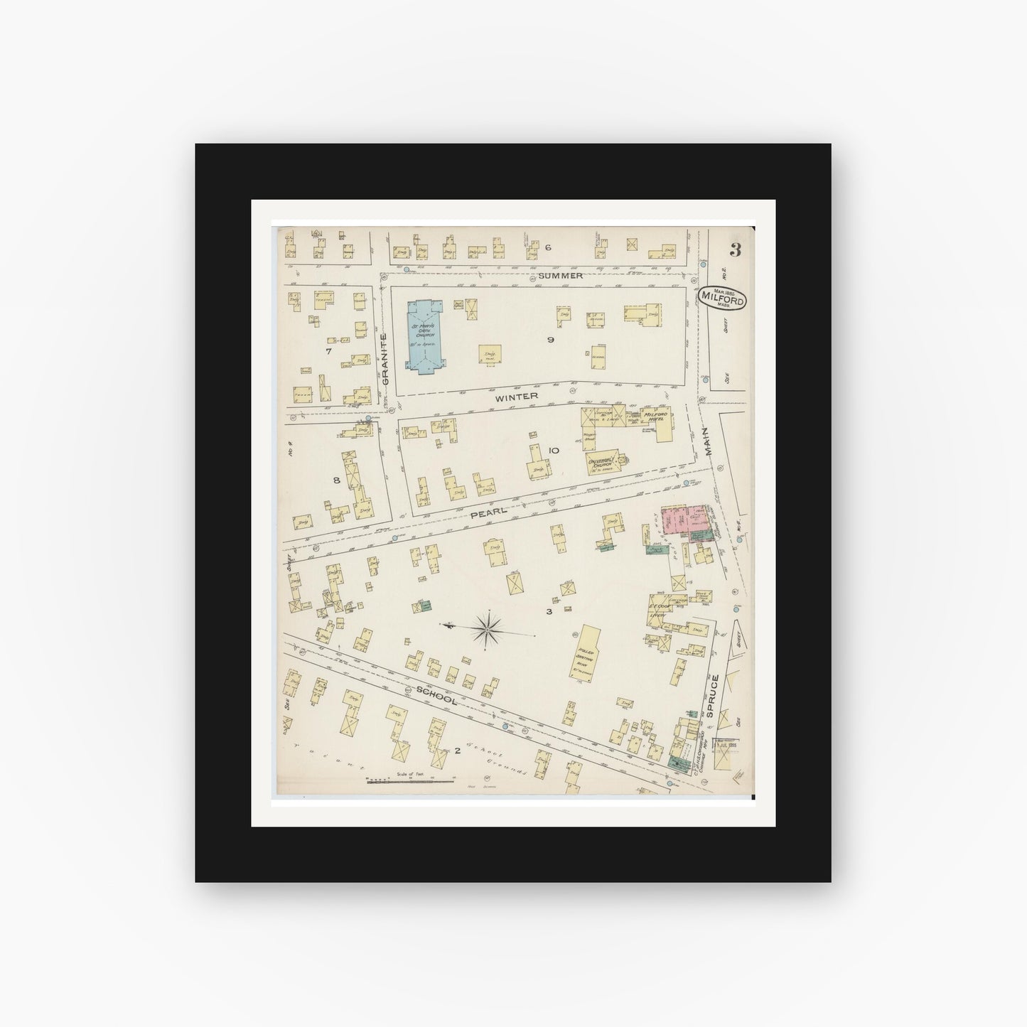 Old map wall art mockup — black gallery frame with white mat — Sanborn Fire Insurance Map from Milford, Worcester County, Massachusetts (1885), Sheet #0003