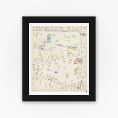 Old map wall art mockup — black gallery frame with white mat — Sanborn Fire Insurance Map from Milford, Worcester County, Massachusetts (1885), Sheet #0003