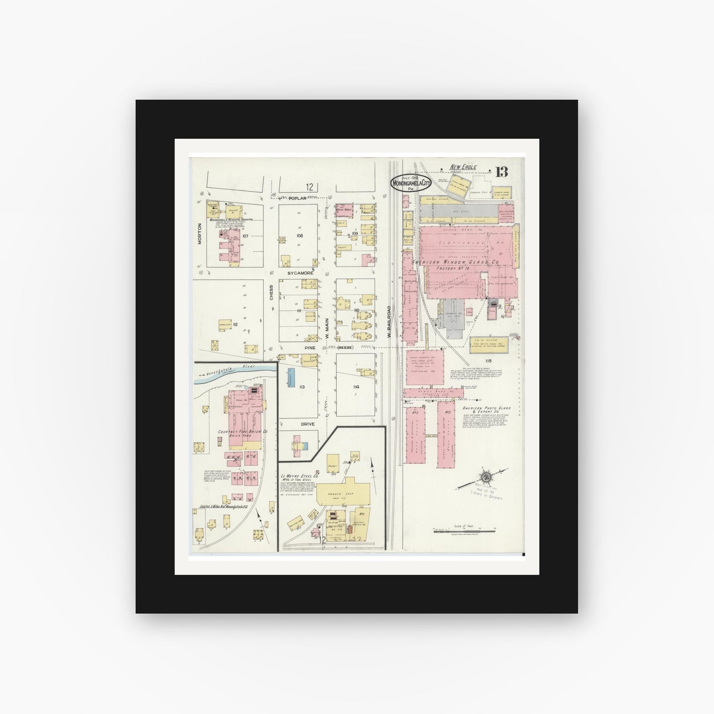 Old map wall art mockup — black gallery frame with white mat — Sanborn Fire Insurance Map from Monongahela City, Washington County, Pennsylvania (1918), Sheet #0013