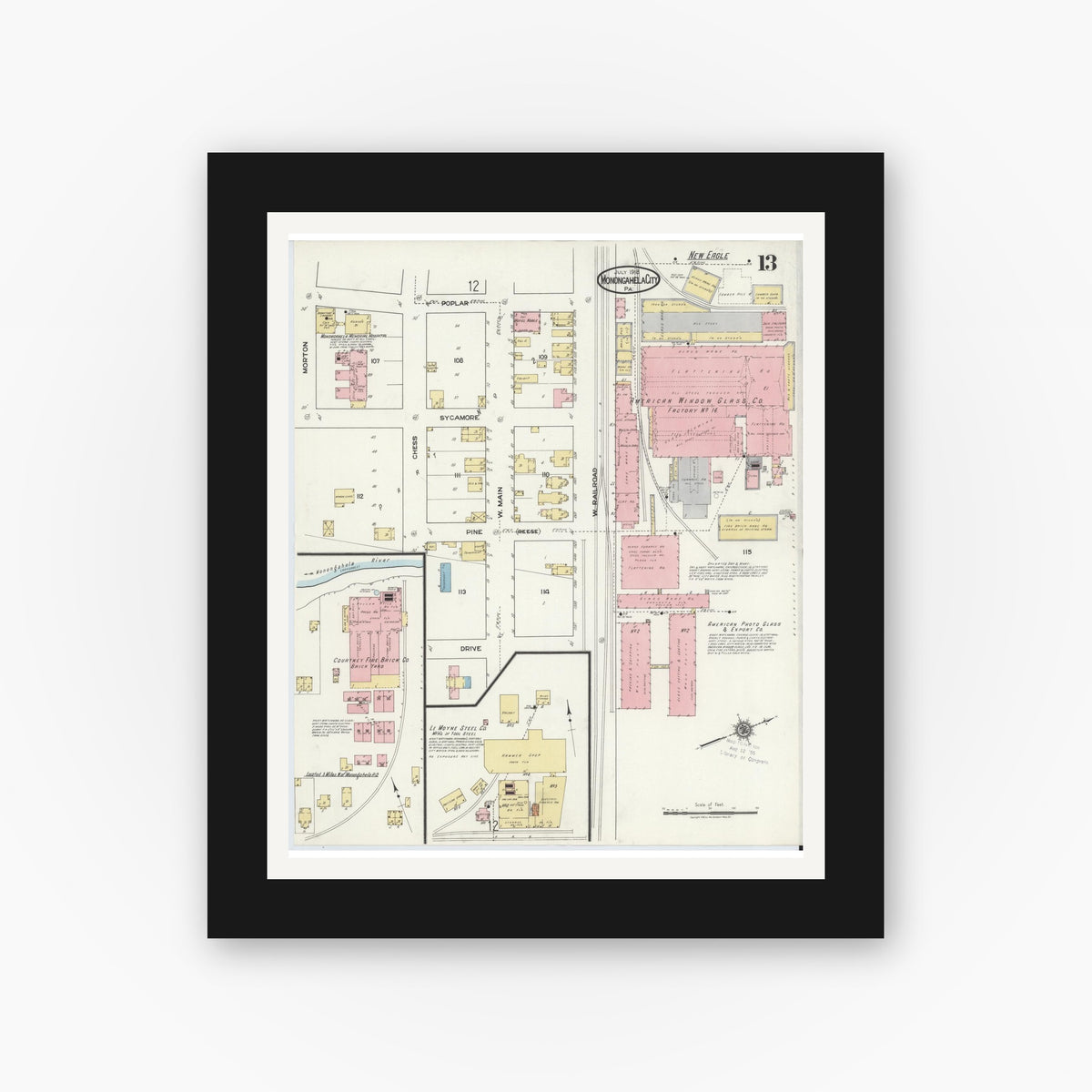 Old map wall art mockup — black gallery frame with white mat — Sanborn Fire Insurance Map from Monongahela City, Washington County, Pennsylvania (1918), Sheet #0013