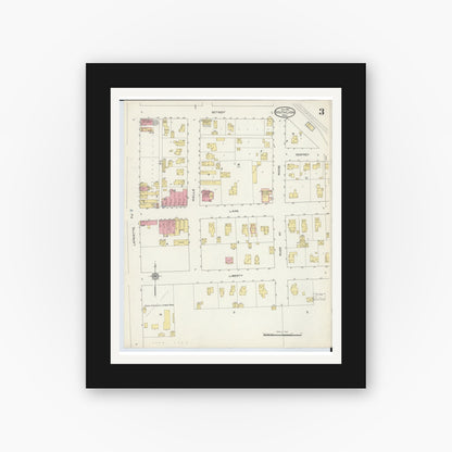 Old map wall art mockup — black gallery frame with white mat — Sanborn Fire Insurance Map from South Lyon, Oakland County, Michigan (1913), Sheet #0003