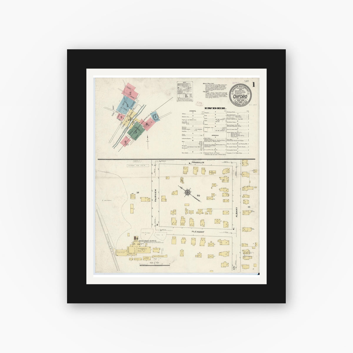 Old map wall art mockup — black gallery frame with white mat — Sanborn Fire Insurance Map from Oxford, Chenango County, New York (1910), Sheet #0001